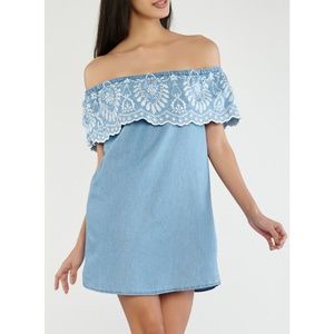 Embroidered Denim Off the Sholder Dress